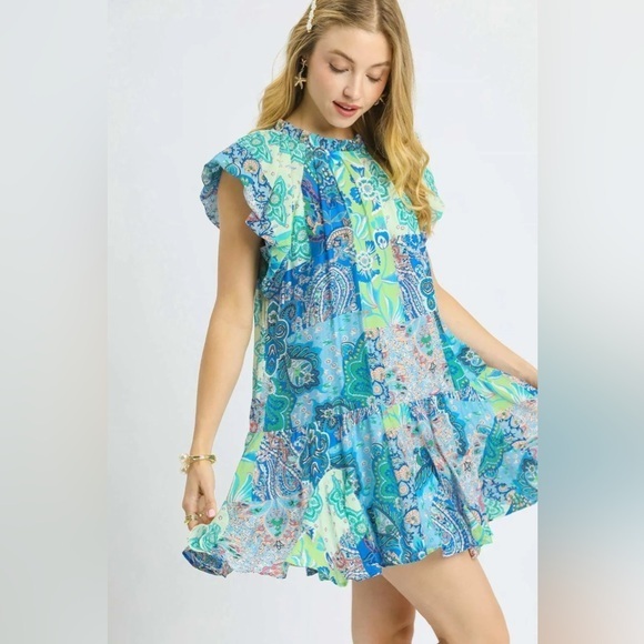 Umgee Printed Ruffle Cap Sleeve Mini Dress